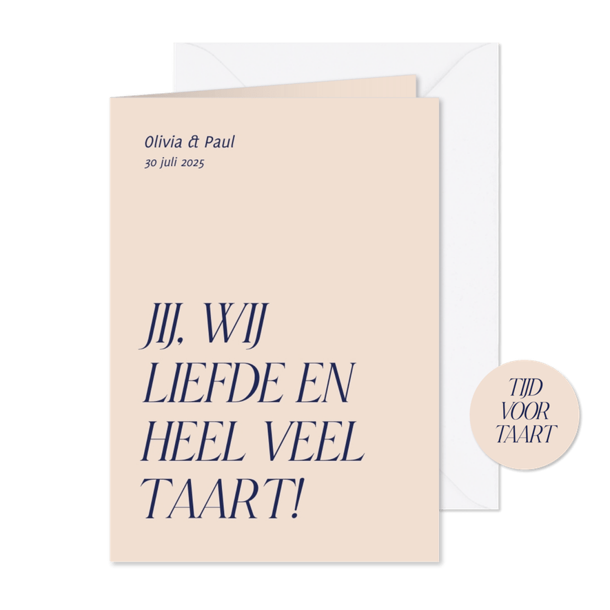 Grappige typografische trouwkaart liefde en heel veel taart - Kaartimpressie