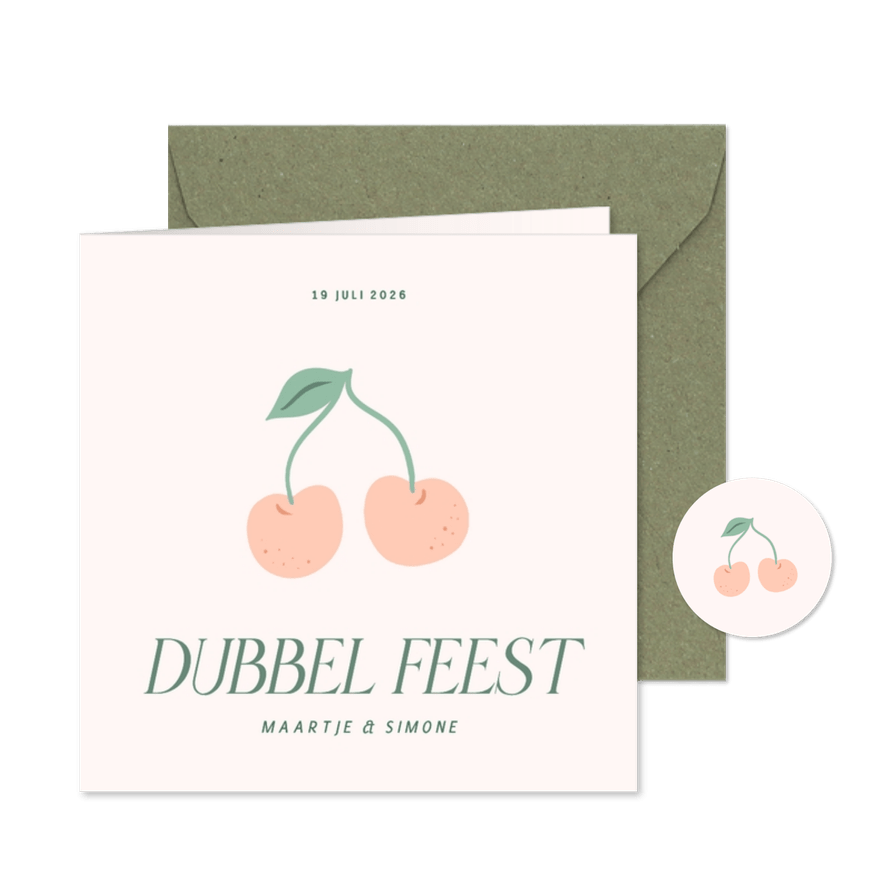 Grappige uitnodiging dubbel feest met kersje samen jarig - Kaartimpressie