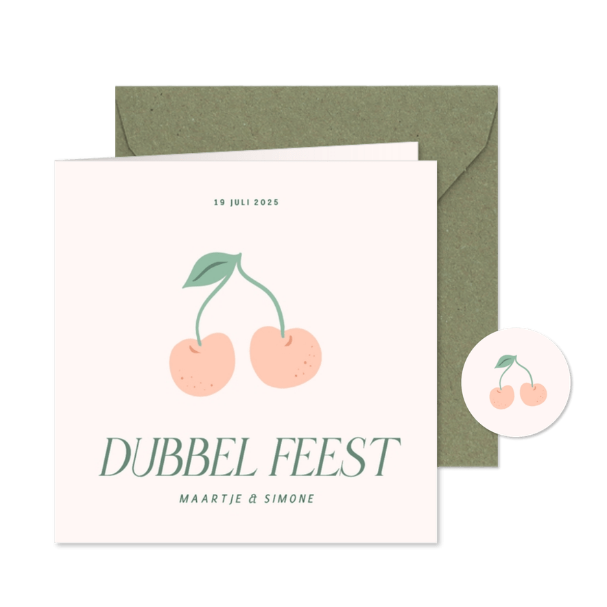 Grappige uitnodiging dubbel feest met kersje samen jarig - Kaartimpressie