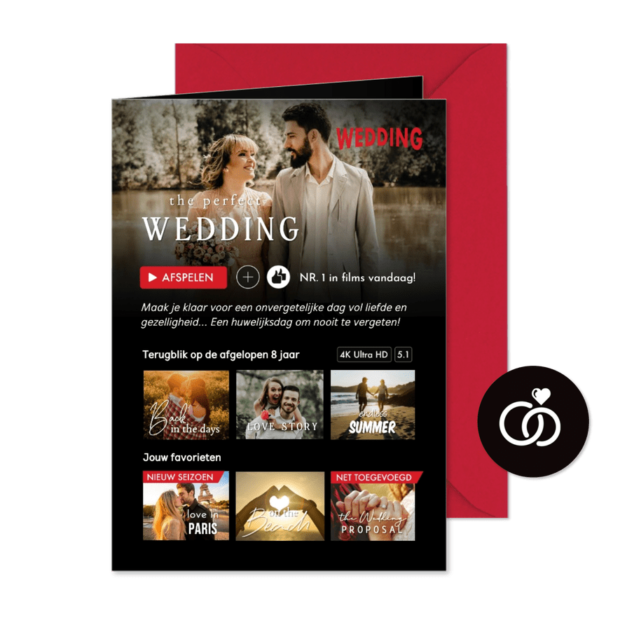 Grappige uitnodiging huwelijk in film streaming stijl - Kaartimpressie