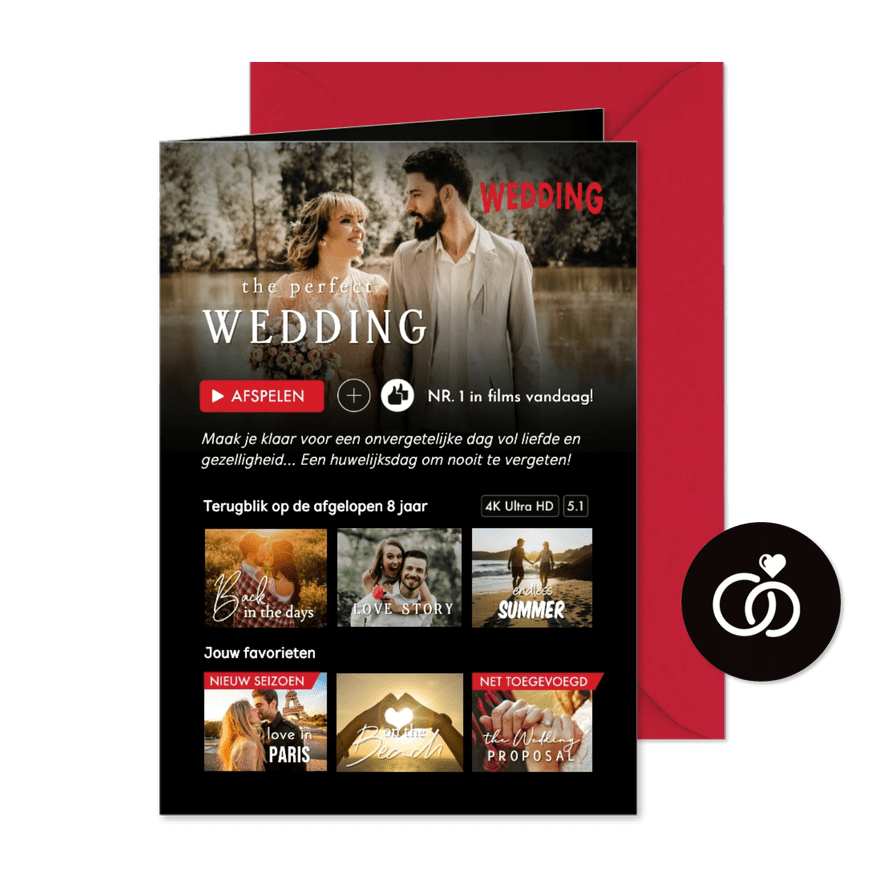 Grappige uitnodiging huwelijk in film streaming stijl - Kaartimpressie