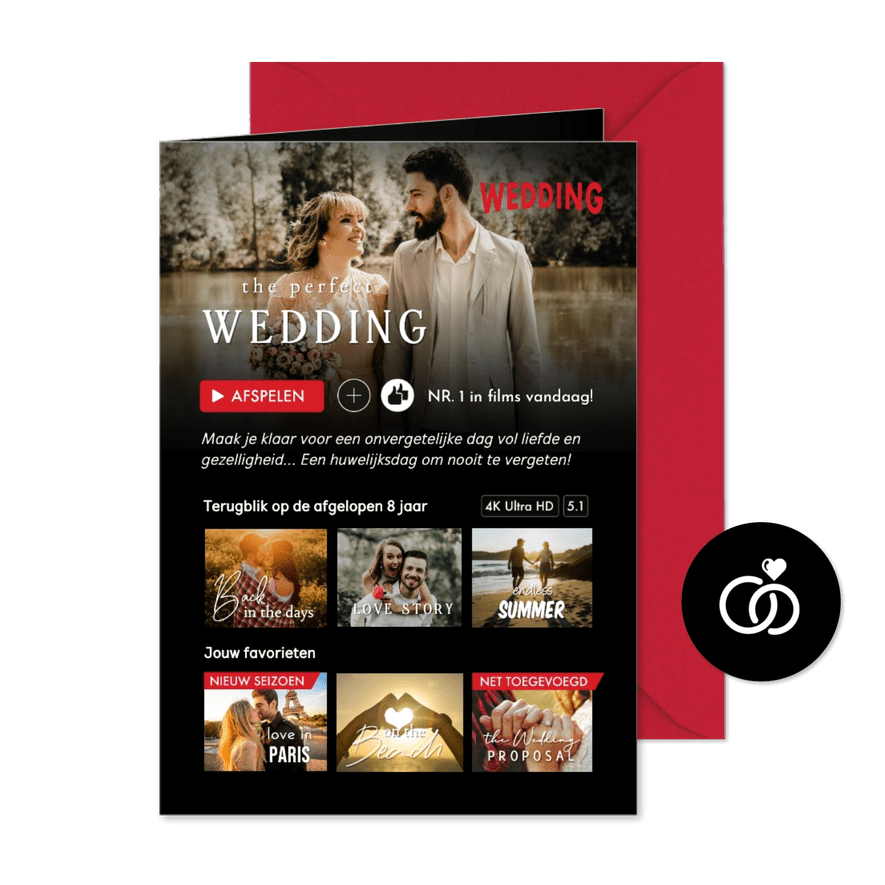 Grappige uitnodiging huwelijk in film streaming stijl - Kaartimpressie