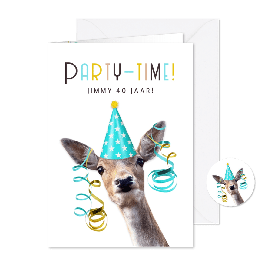 Grappige uitnodiging inhaalfeestje met versierd hert - Kaartimpressie