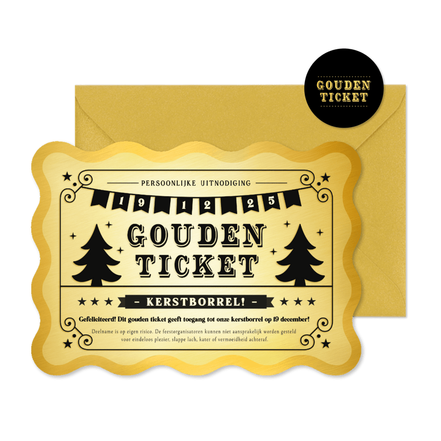 Grappige uitnodiging kerstborrel gouden ticket stijl - Kaartimpressie