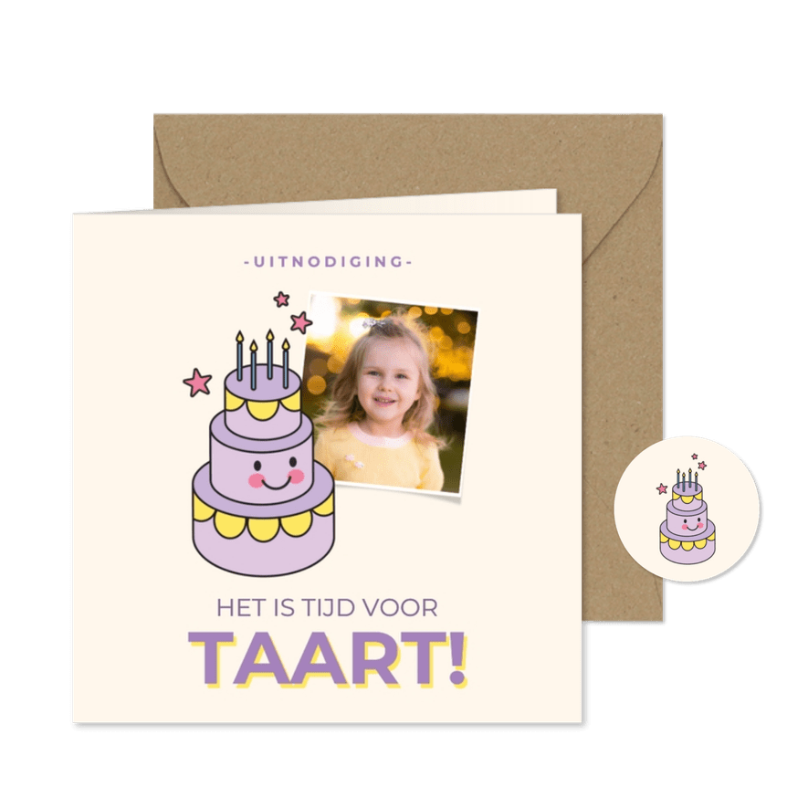 Grappige uitnodiging kinderfeestje met foto en taart - Kaartimpressie