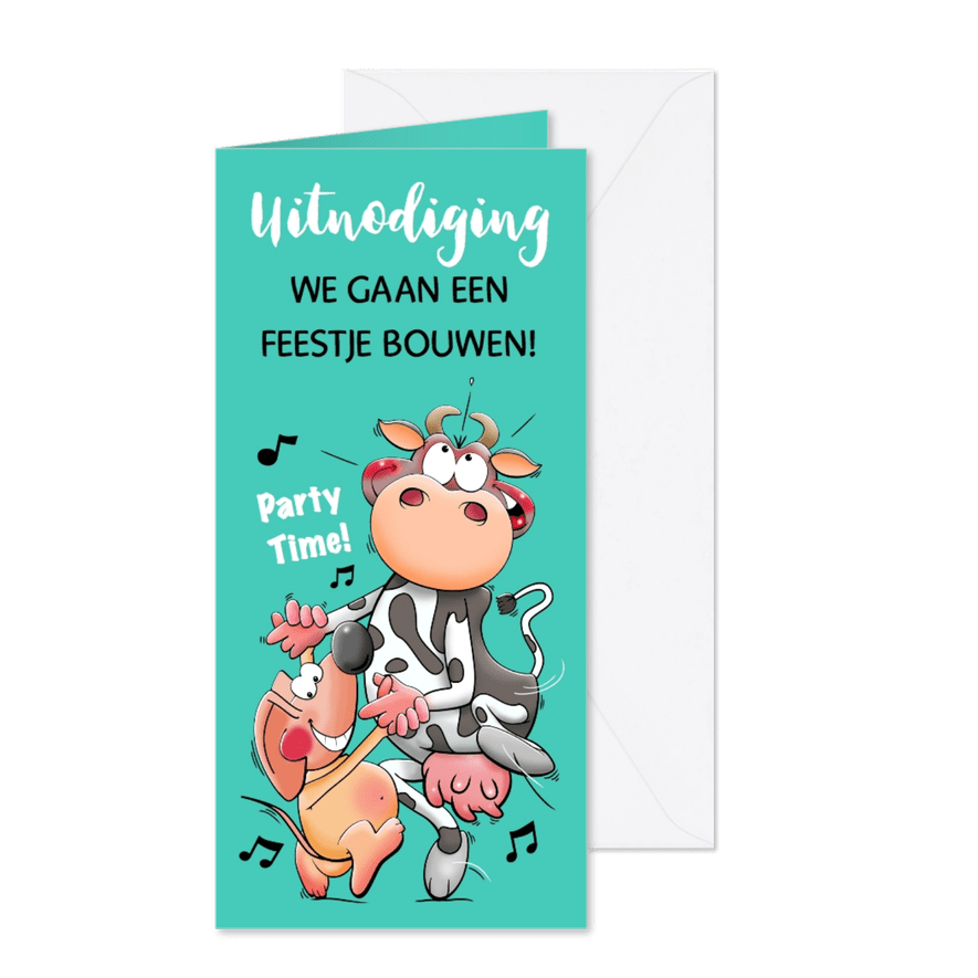 Grappige uitnodiging met dansende koe en muis - Kaartimpressie