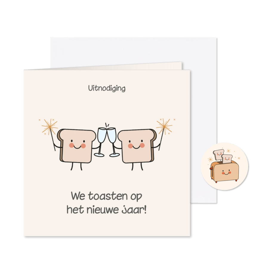 Grappige uitnodiging nieuwjaarsborrel met boterhammen toast - Kaartimpressie