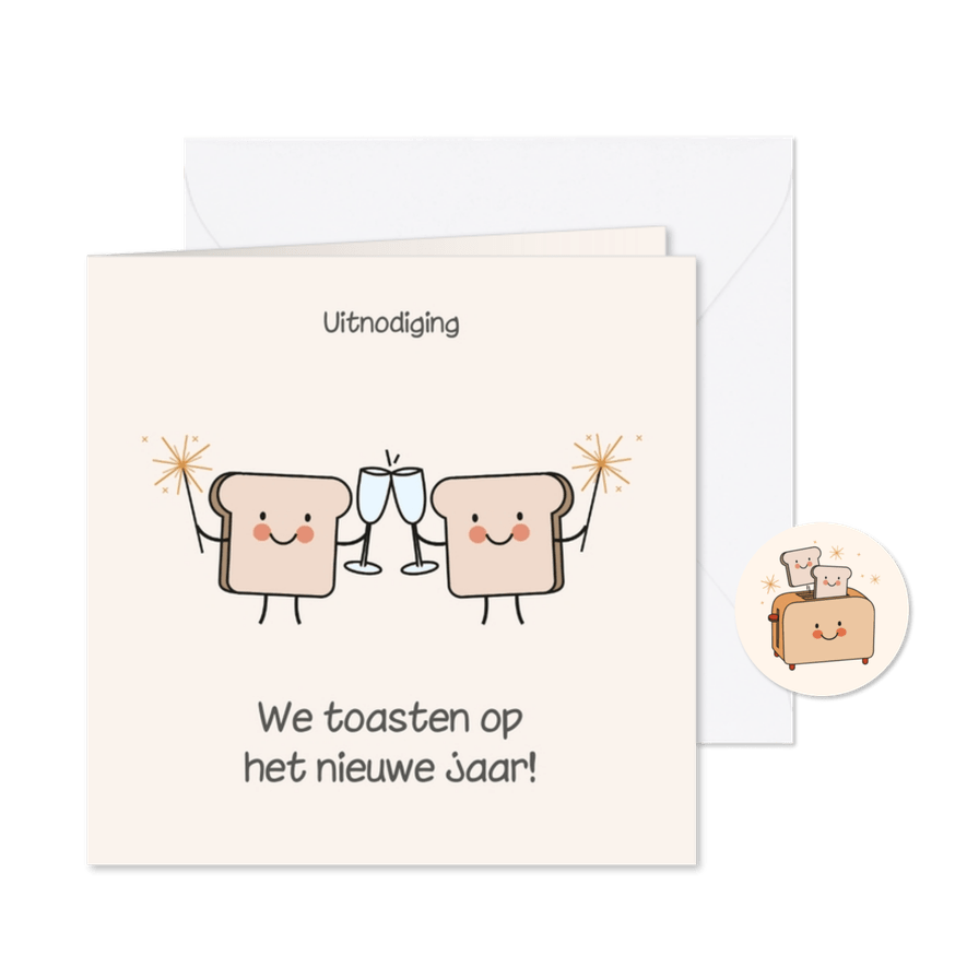 Grappige uitnodiging nieuwjaarsborrel met boterhammen toast - Kaartimpressie
