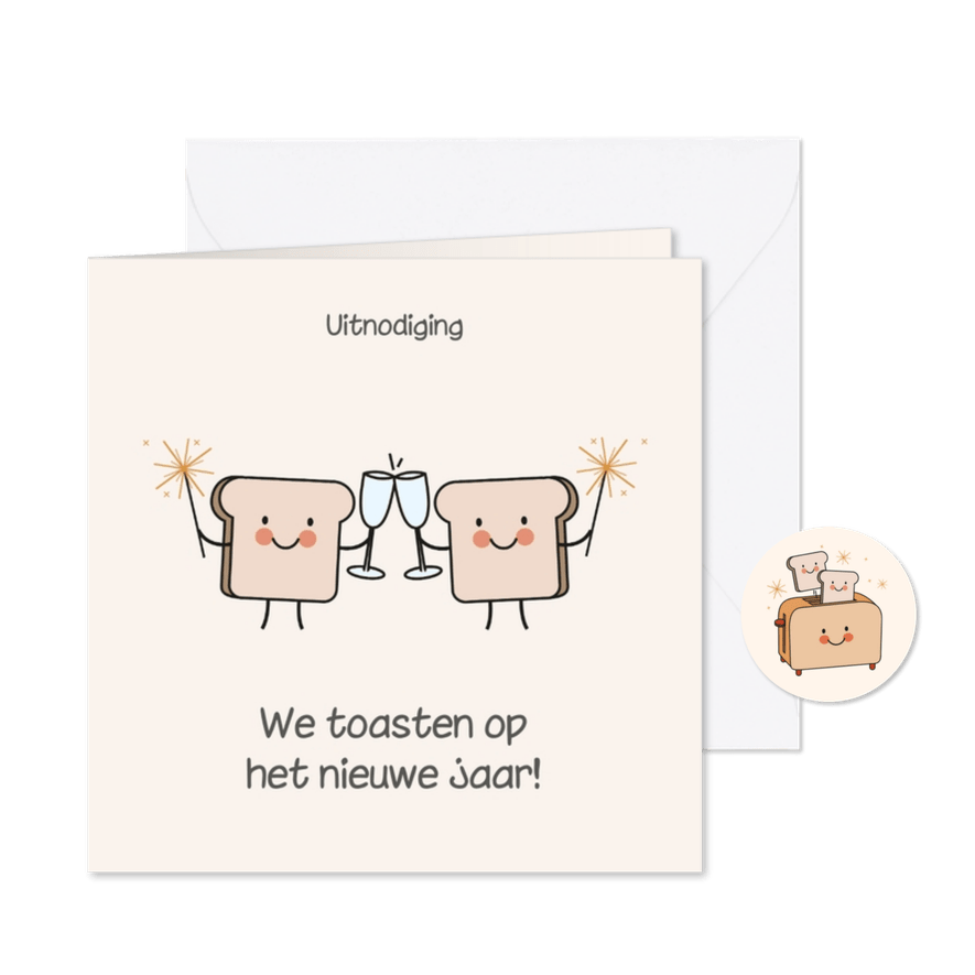 Grappige uitnodiging nieuwjaarsborrel met boterhammen toast - Kaartimpressie