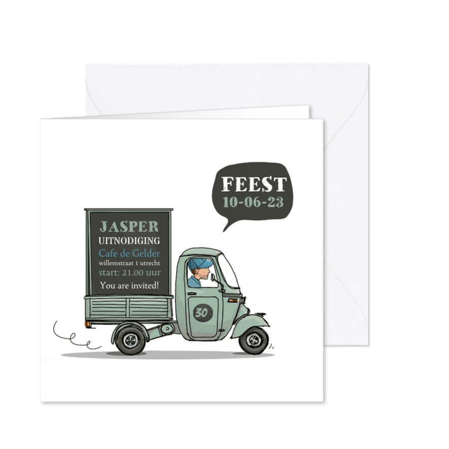Grappige uitnodiging Vespa Ape met bord - Kaartimpressie