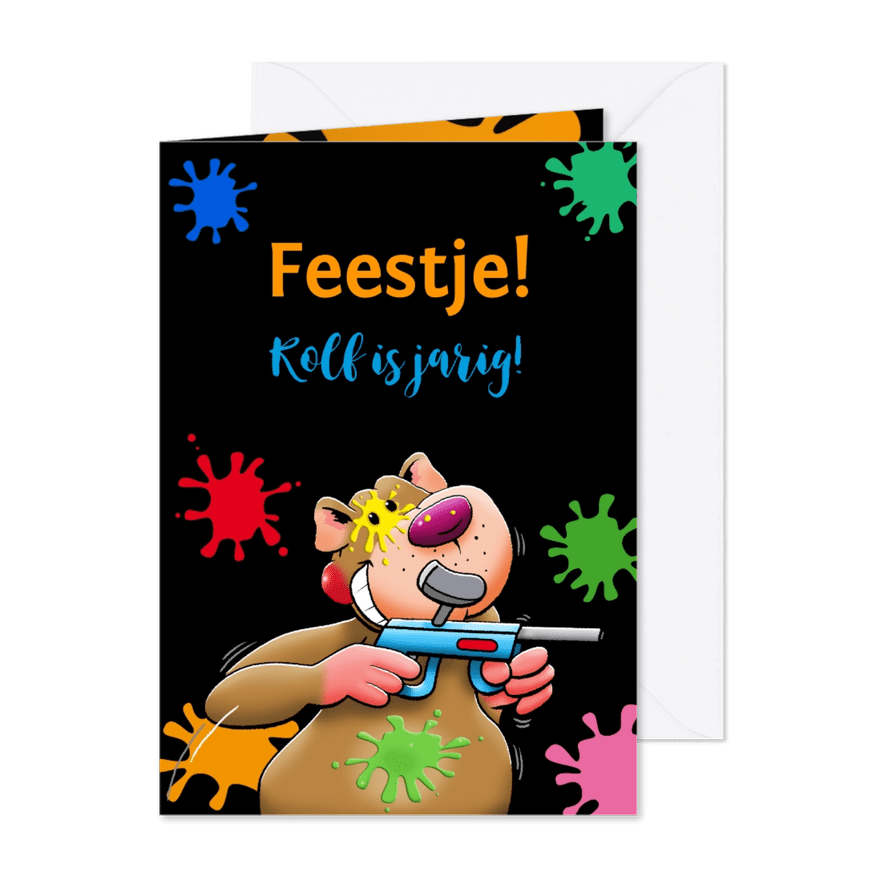 Grappige uitnodiging voor kinderfeest paintball met beertje - Kaartimpressie