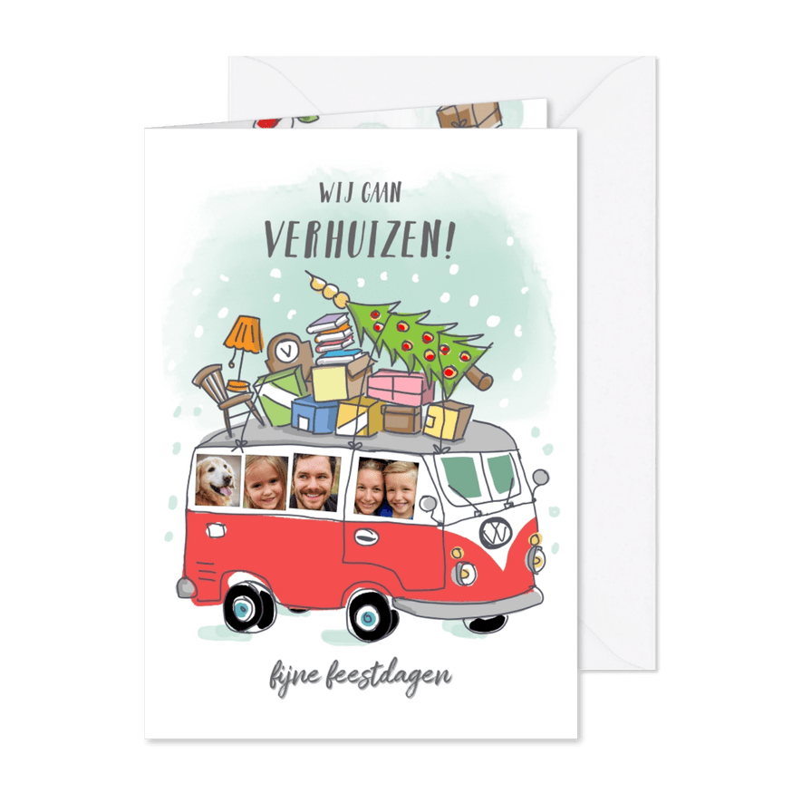 Grappige verhuis kerstkaart met volkswagenbusje en foto's - Kaartimpressie