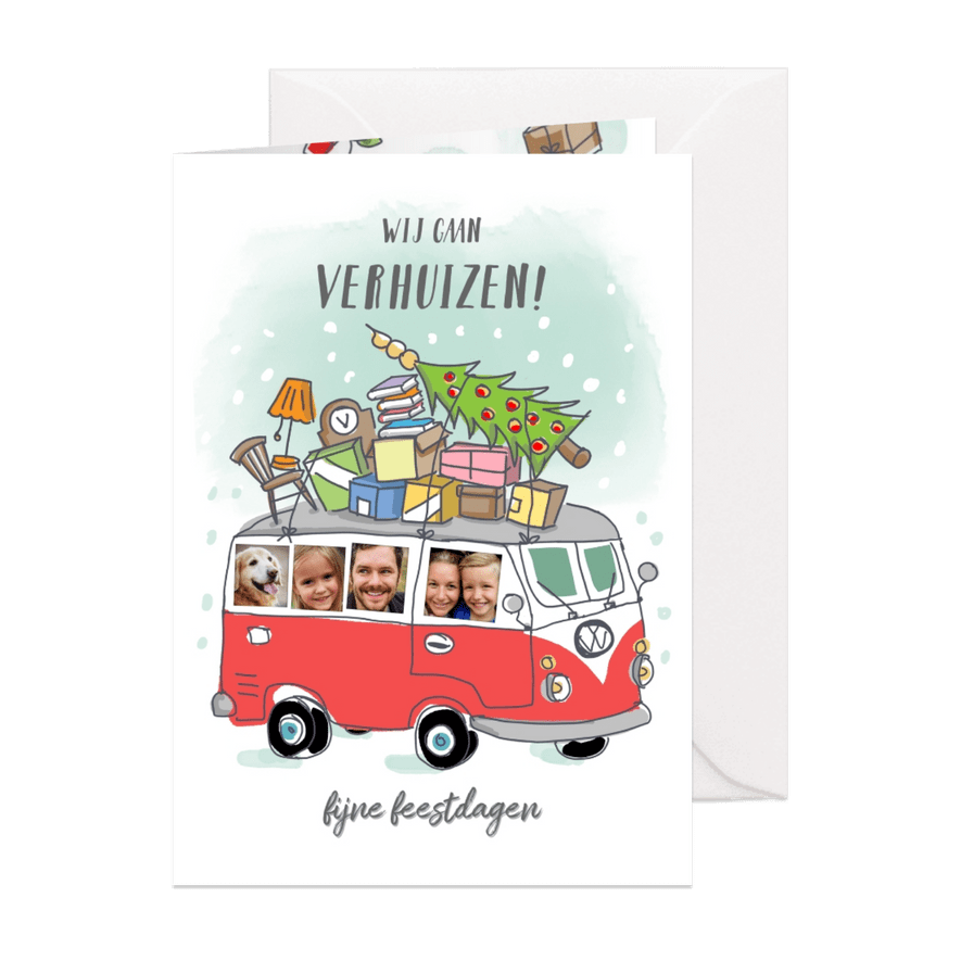 Grappige verhuis kerstkaart met volkswagenbusje en foto's - Kaartimpressie