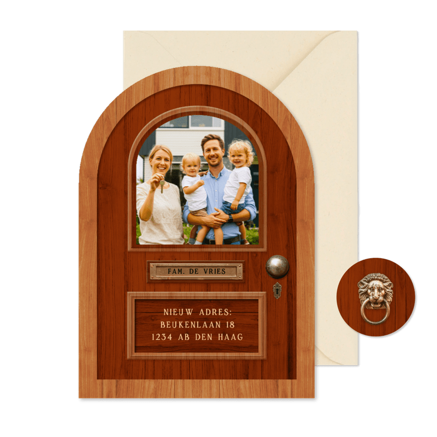 Grappige verhuiskaart in vorm van een voordeur met foto - Kaartimpressie