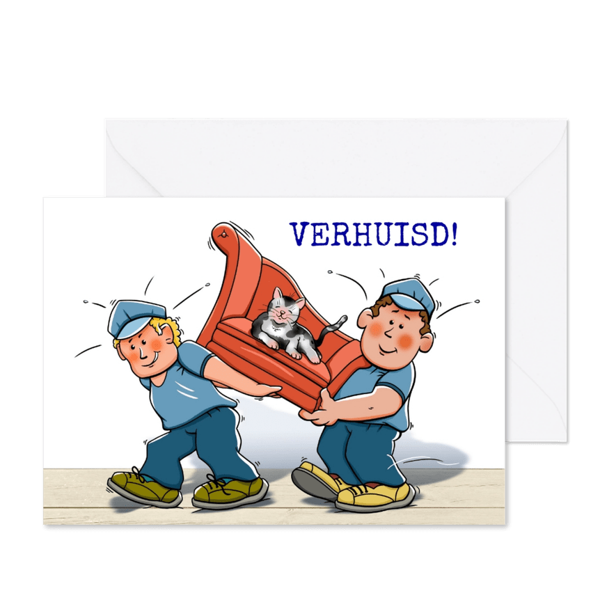 Grappige verhuiskaart met poes op bankje - Kaartimpressie