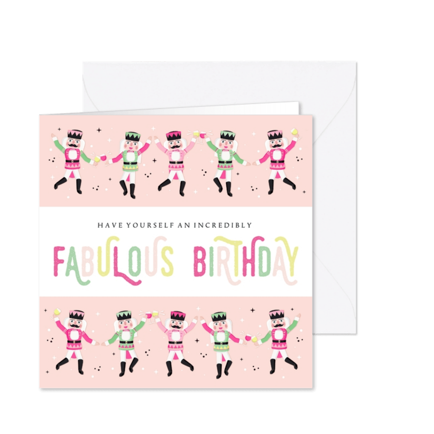 Grappige verjaardag kerstkaart met dansende notenkrakers - Kaartimpressie