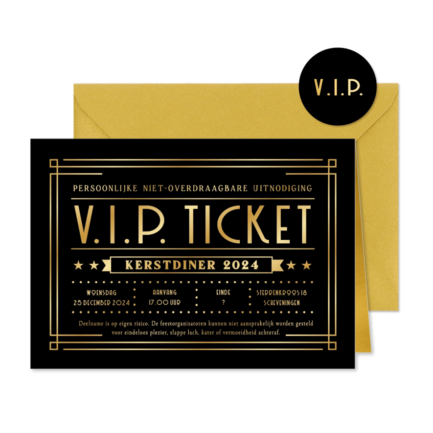 Grappige VIP-ticket uitnodiging kerstdiner met foliedruk - Kaartimpressie