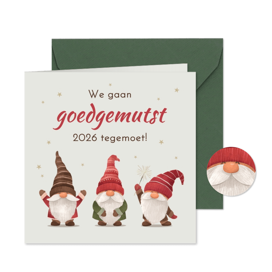 Grappige zakelijke kerstkaart kabouters goedgemutst 2026 - Kaartimpressie