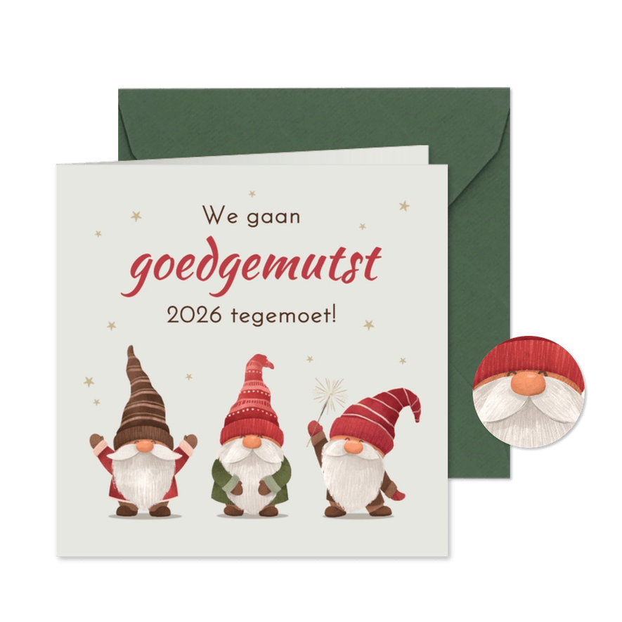 Grappige zakelijke kerstkaart kabouters goedgemutst 2026 - Kaartimpressie