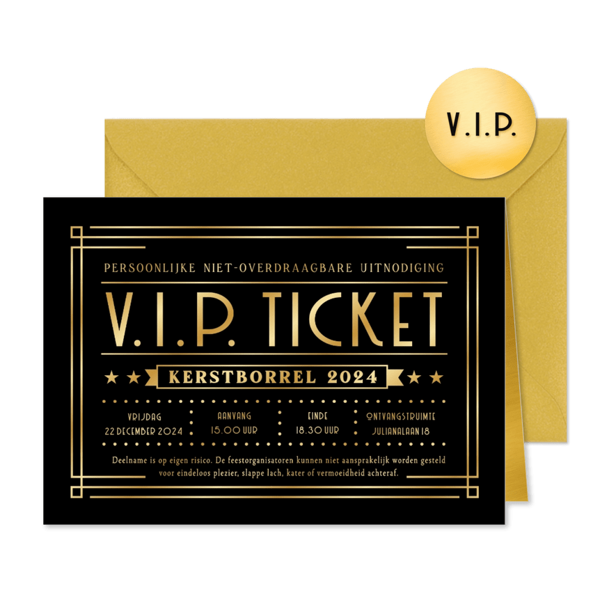 Grappige zakelijke uitnodiging kerstborrel VIP-ticket goud - Kaartimpressie