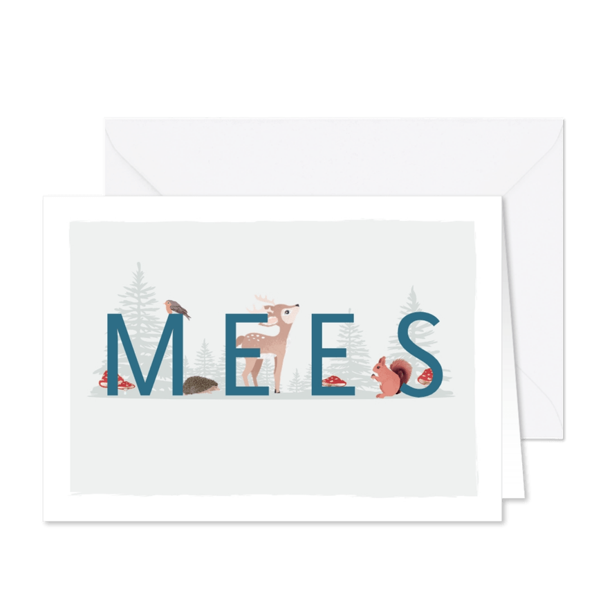 Grijsgroen geboortekaartje jongen met illustratie van dieren - Kaartimpressie