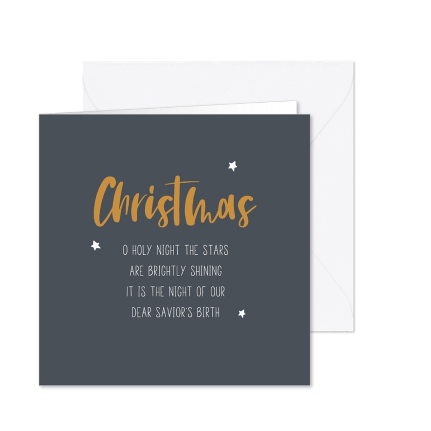 Grijze christelijke kerstkaart met gele letters en tekst - Kaartimpressie