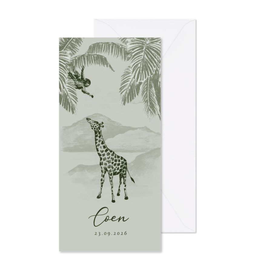 Groen geboortekaartje jungle handgetekend giraf aapje - Kaartimpressie