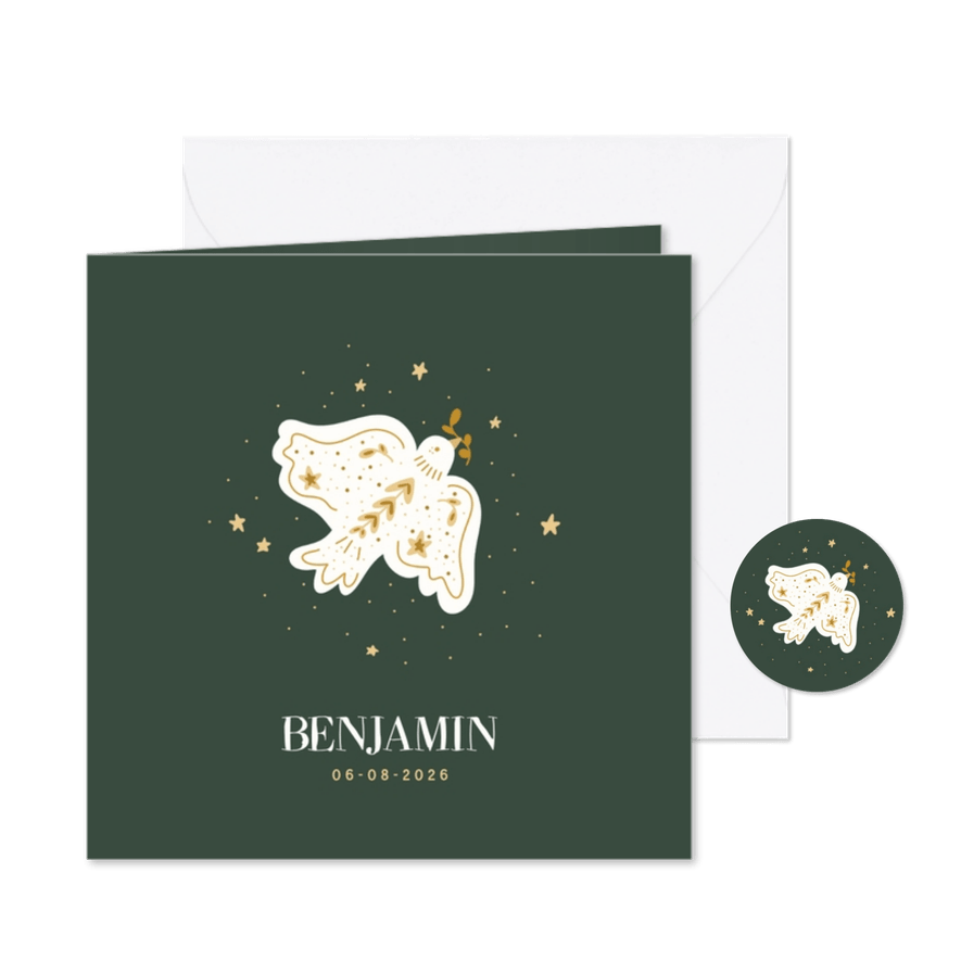Groen geboortekaartje met vredesduif en sterretjes - Kaartimpressie