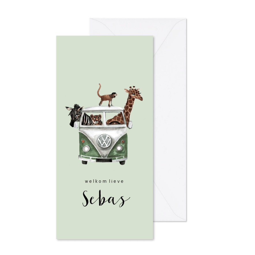 Groen jungle geboortekaartje met een bus vol diertjes - Kaartimpressie