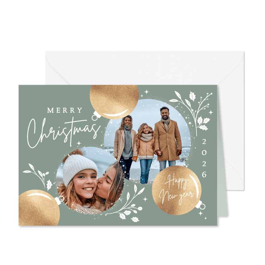 Groen kerstkaartje met foto en ornamenten - Kaartimpressie