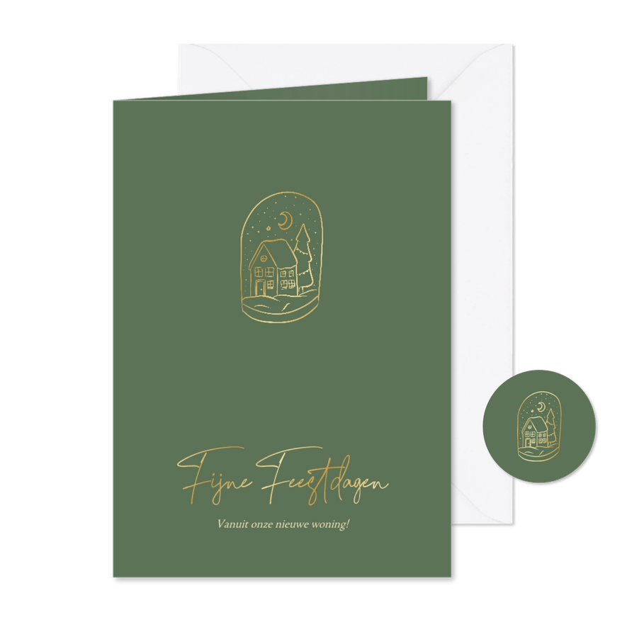 Groen kerstkaartje met gouden lijntekening verhuizing - Kaartimpressie