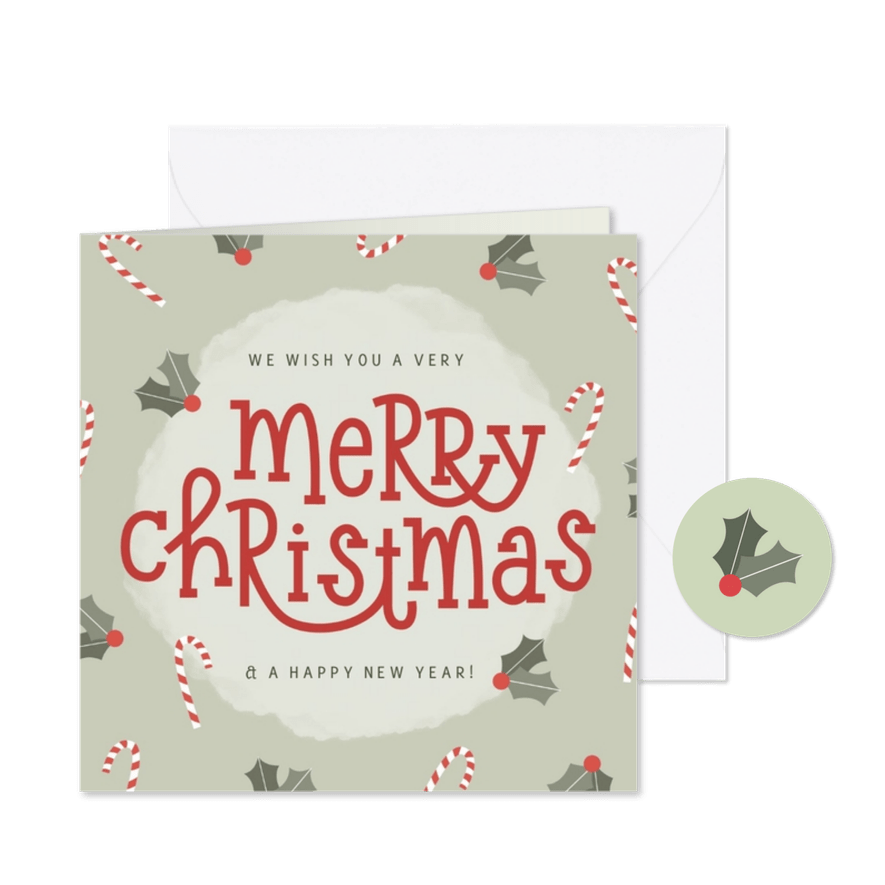 Groen kerstkaartje met zuurstokken en hulst - Kaartimpressie