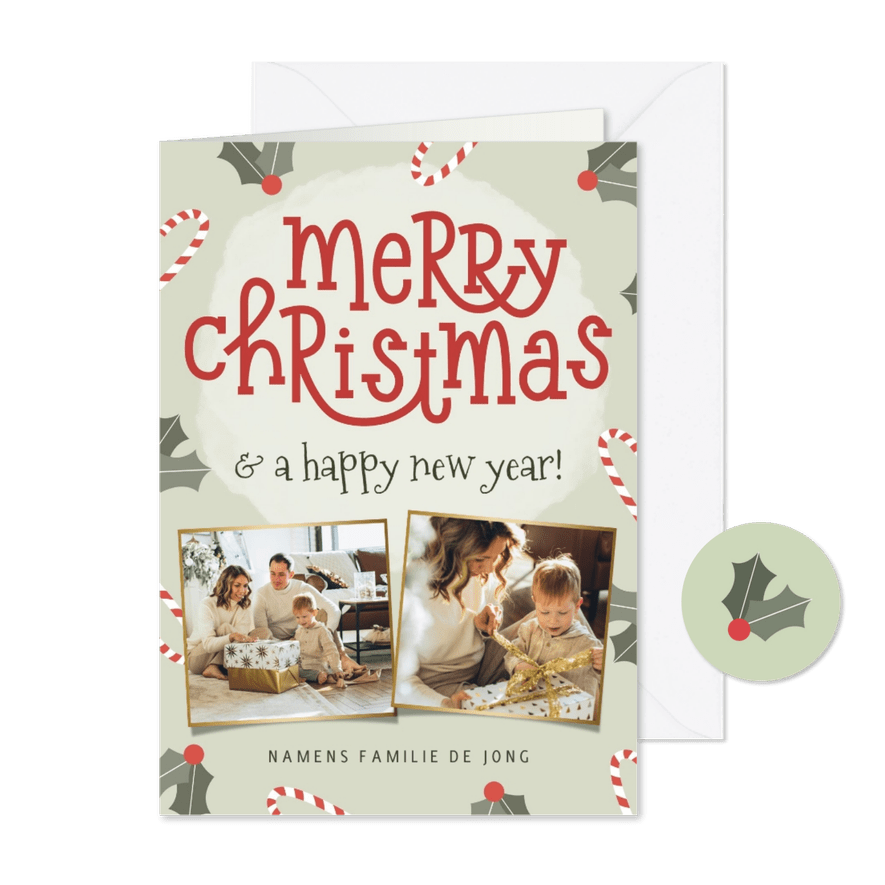Groen kerstkaartje met zuurstokken, hulst en foto's - Kaartimpressie