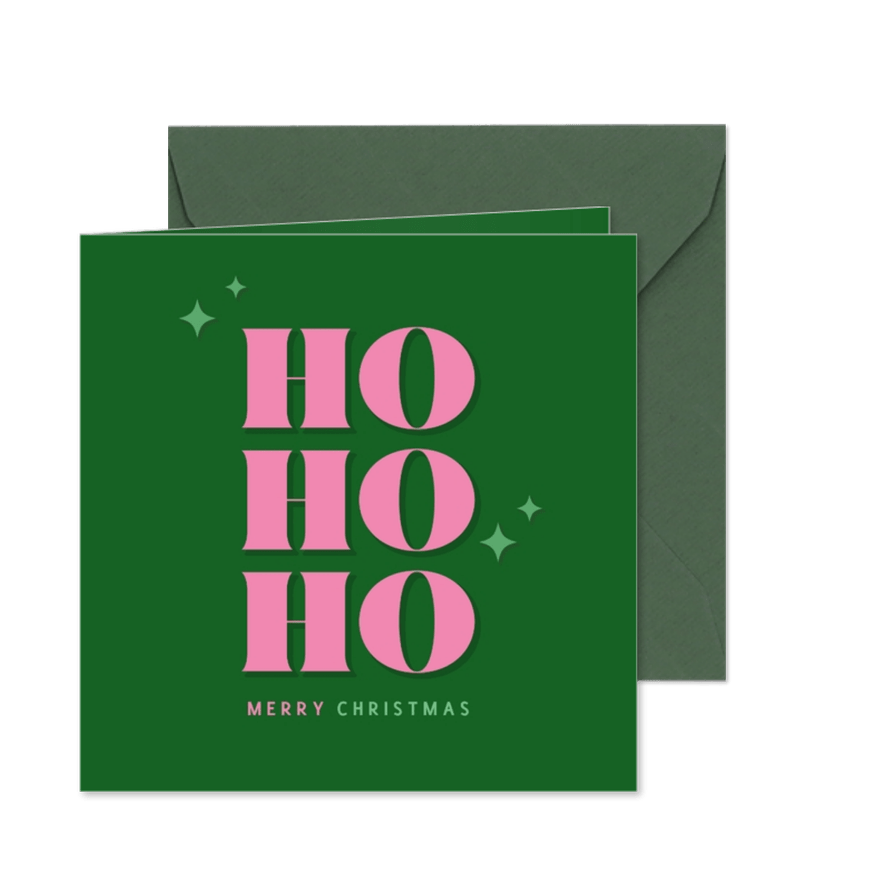 Groen met roze trendy kerstkaartje ho ho ho - Kaartimpressie