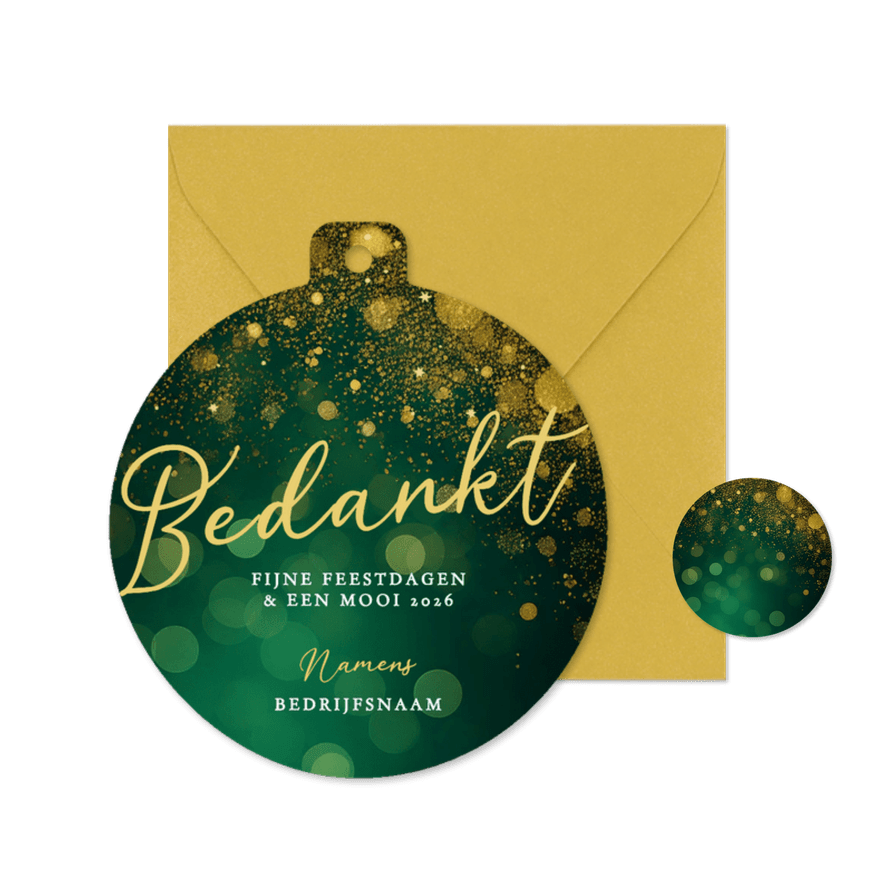 Groene bokeh zakelijke kerstkaart kerstbal vorm bedankt - Kaartimpressie