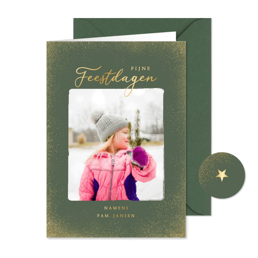 Groene foto kerstkaart met gouden glitter kader - Kaartimpressie
