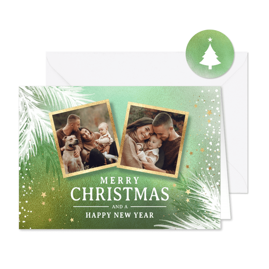 Groene foto kerstkaart witte takjes - Kaartimpressie