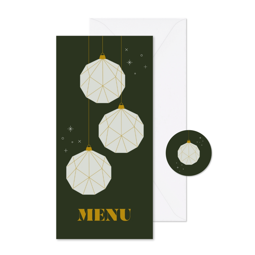 Groene kerst menukaart met papieren kerstballen - Kaartimpressie