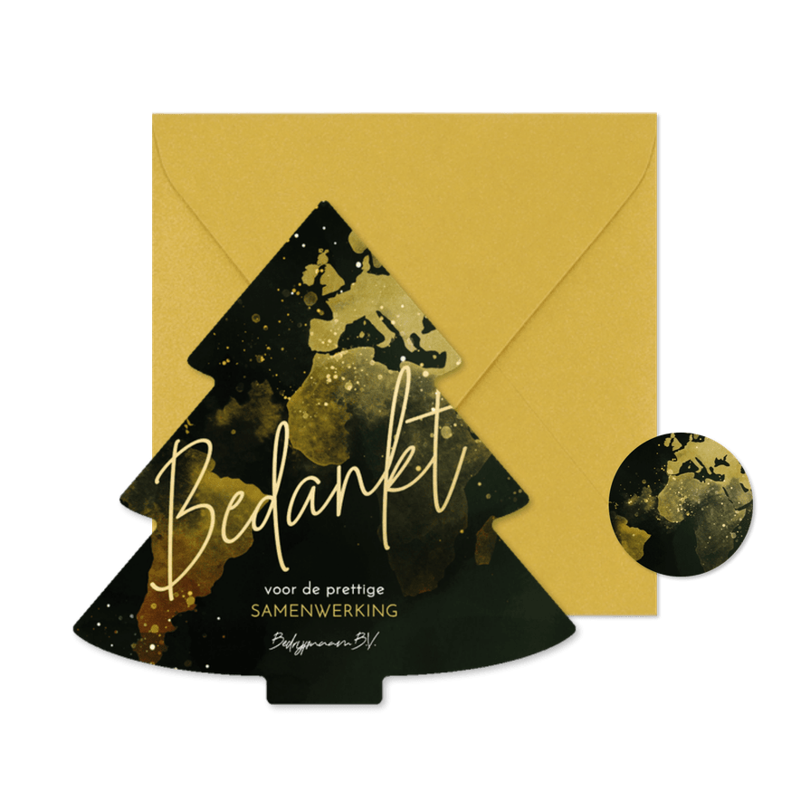 Groene kerstboom kaart met gouden wereldkaart - Kaartimpressie