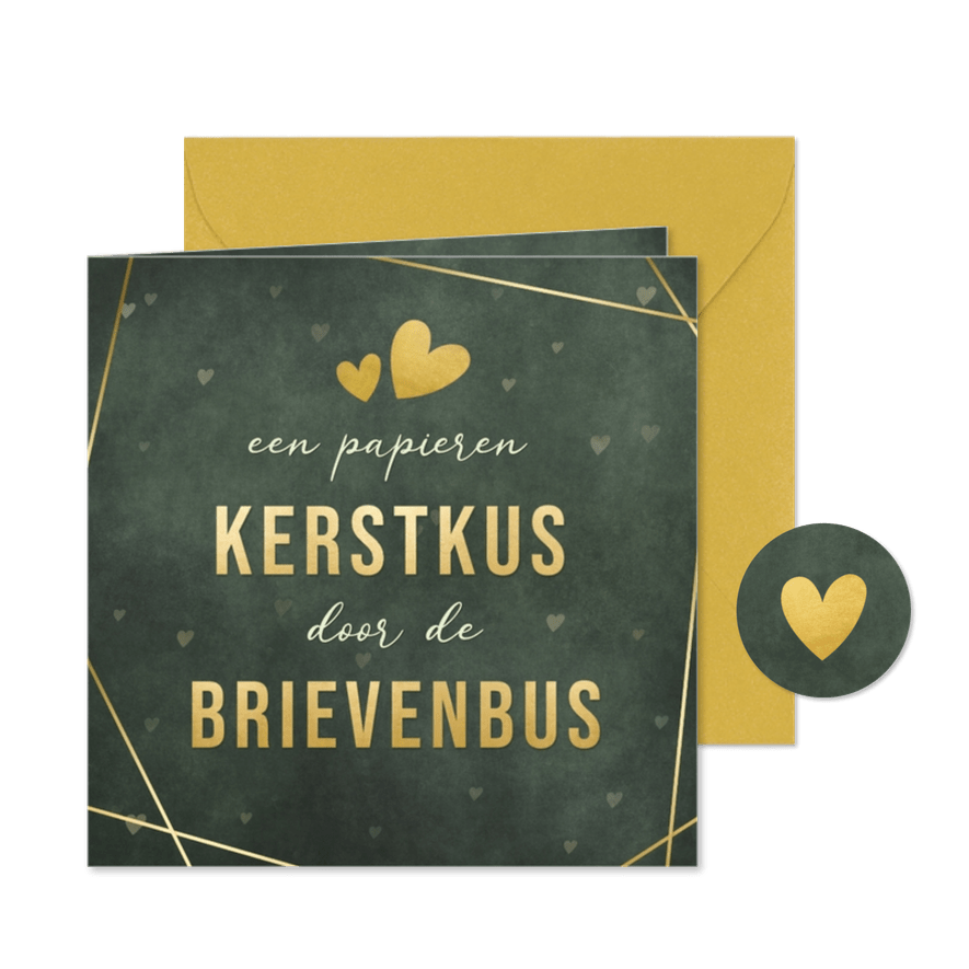Groene kerstkaart een papieren kerstkus door brievenbus  - Kaartimpressie