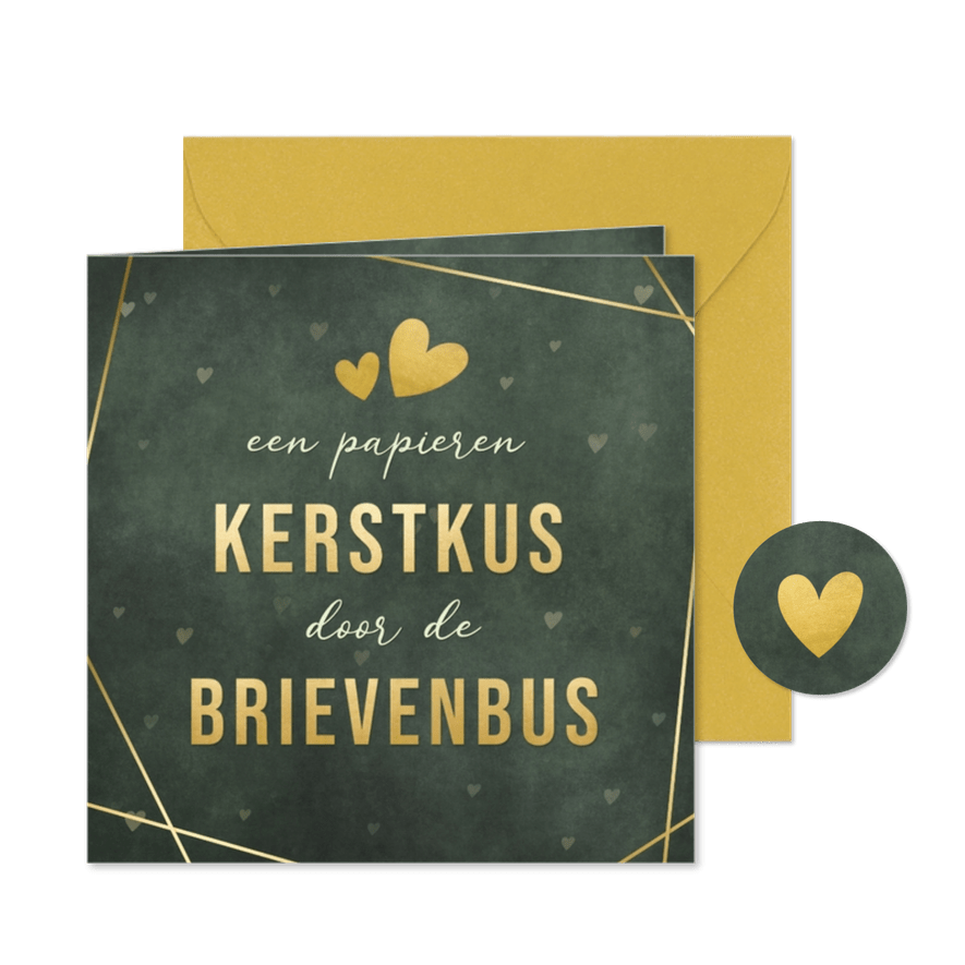 Groene kerstkaart een papieren kerstkus door brievenbus - Kaartimpressie