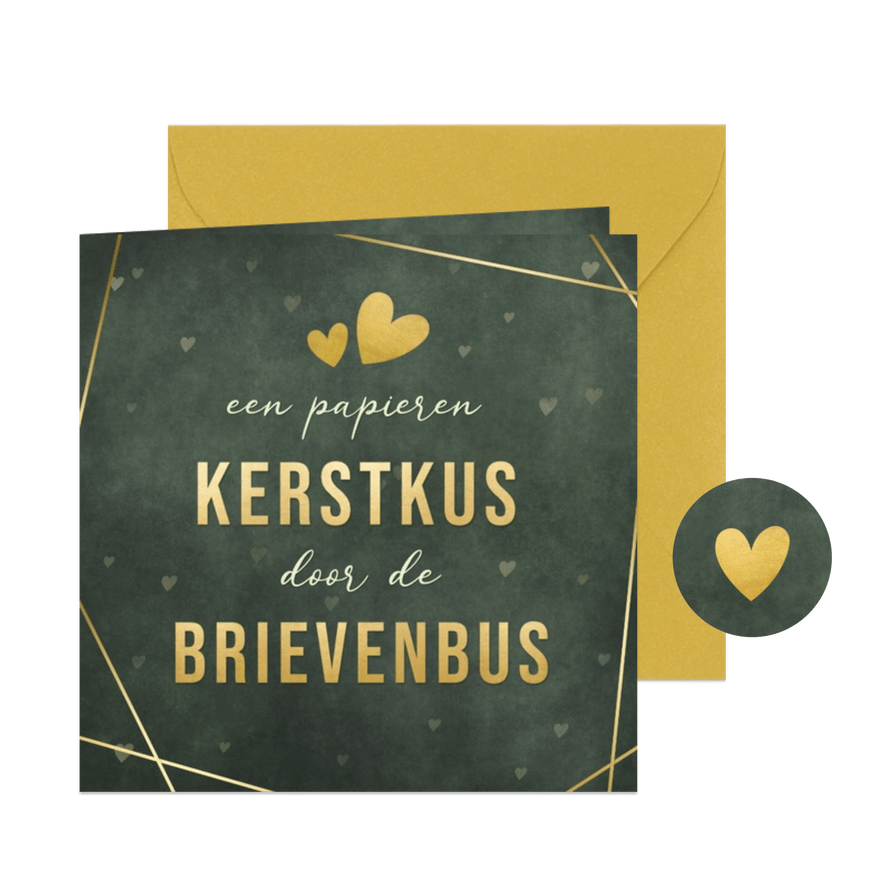 Groene kerstkaart een papieren kerstkus door brievenbus  - Kaartimpressie