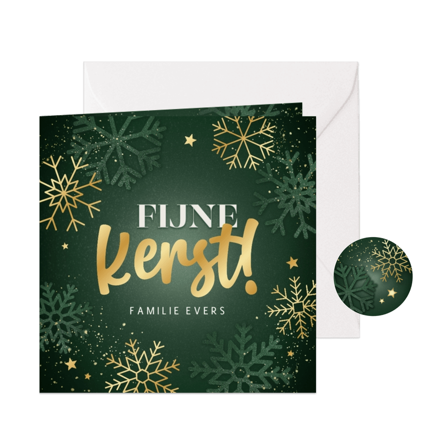 Groene kerstkaart fijne kerst sneeuwvlokken en sterren - Kaartimpressie