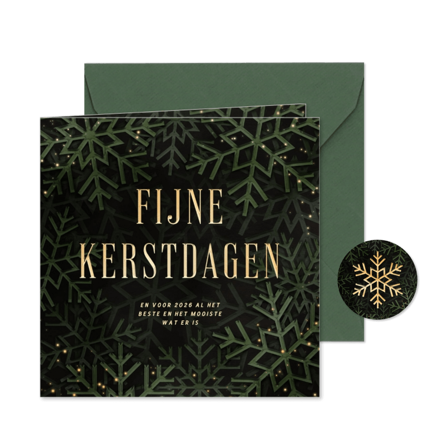 Groene kerstkaart 'Fijne Kerstdagen' met sneeuwvlokken - Kaartimpressie