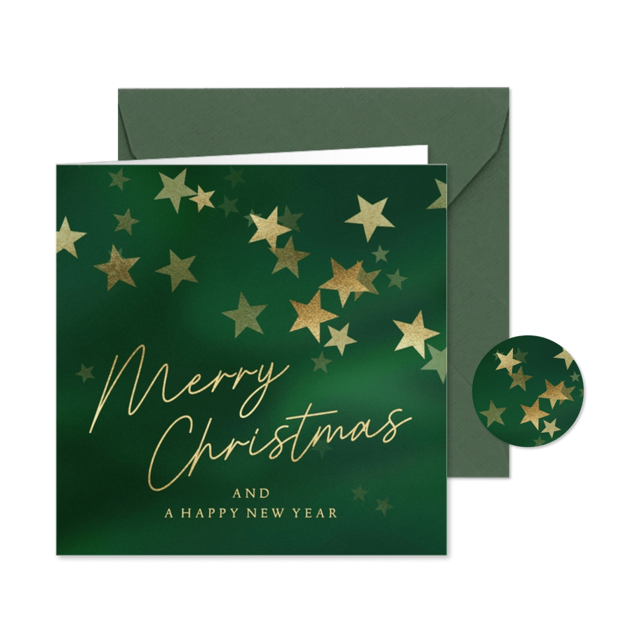 Groene kerstkaart gouden sterren - Kaartimpressie