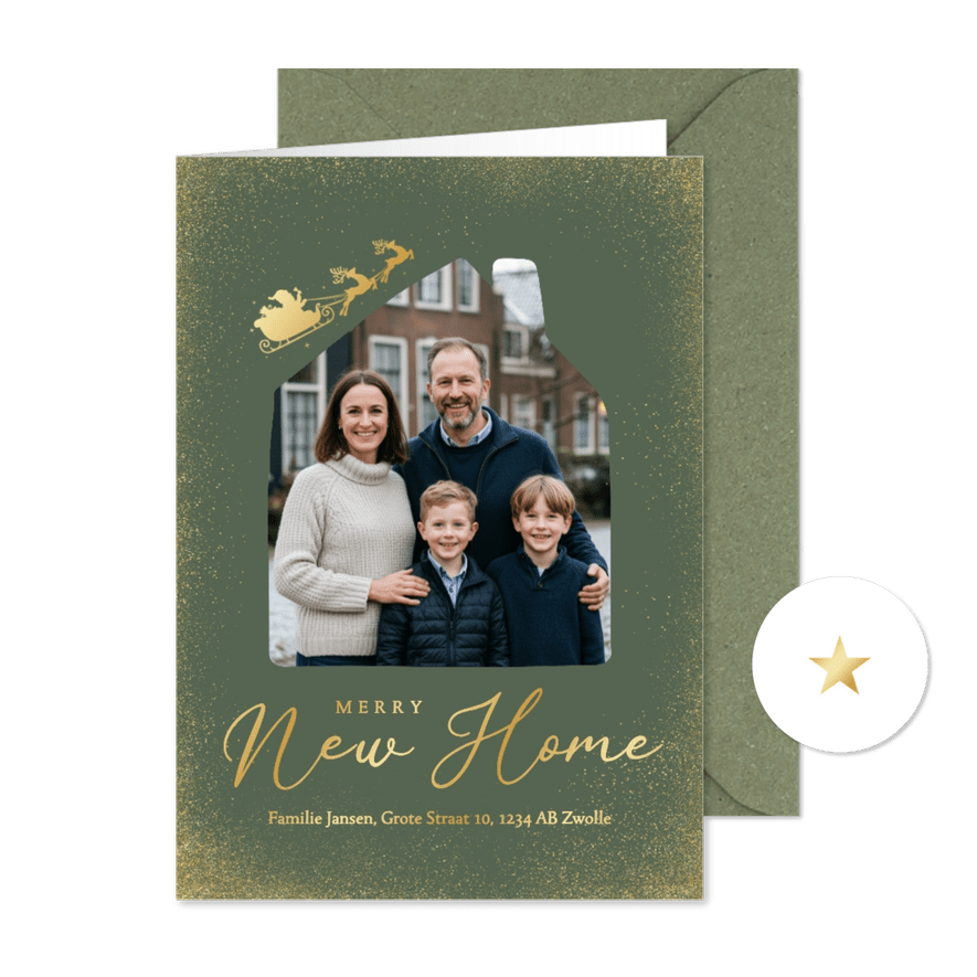 Groene kerstkaart merry new home met foto en kerstman goud - Kaartimpressie