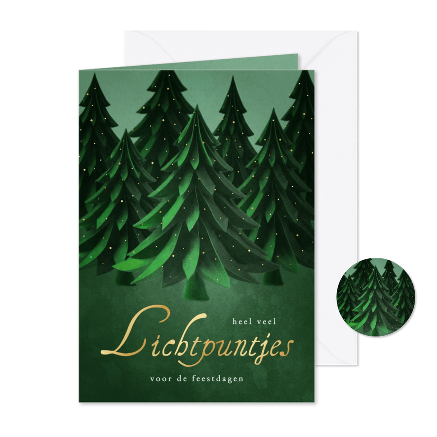 Groene kerstkaart met bomen met lampjes lichtpuntjes  - Kaartimpressie