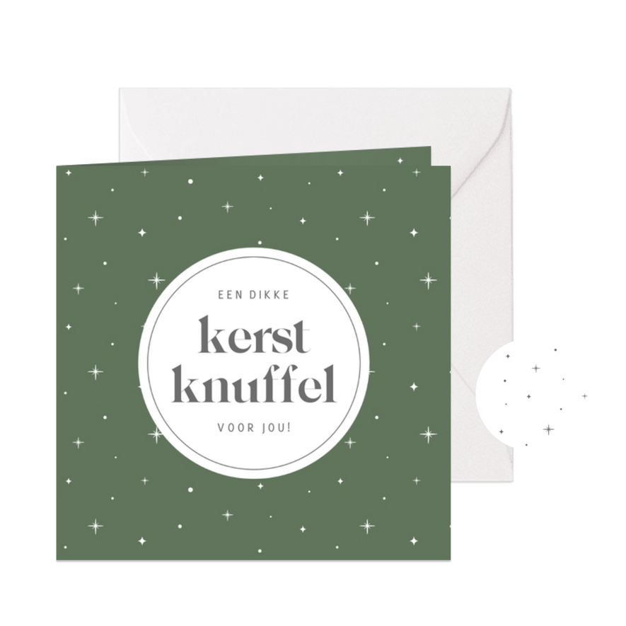 Groene kerstkaart met cirkel en sterren kerst knuffel - Kaartimpressie