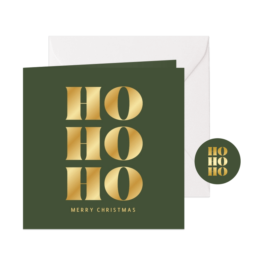 Groene kerstkaart met gouden ho ho ho - Kaartimpressie