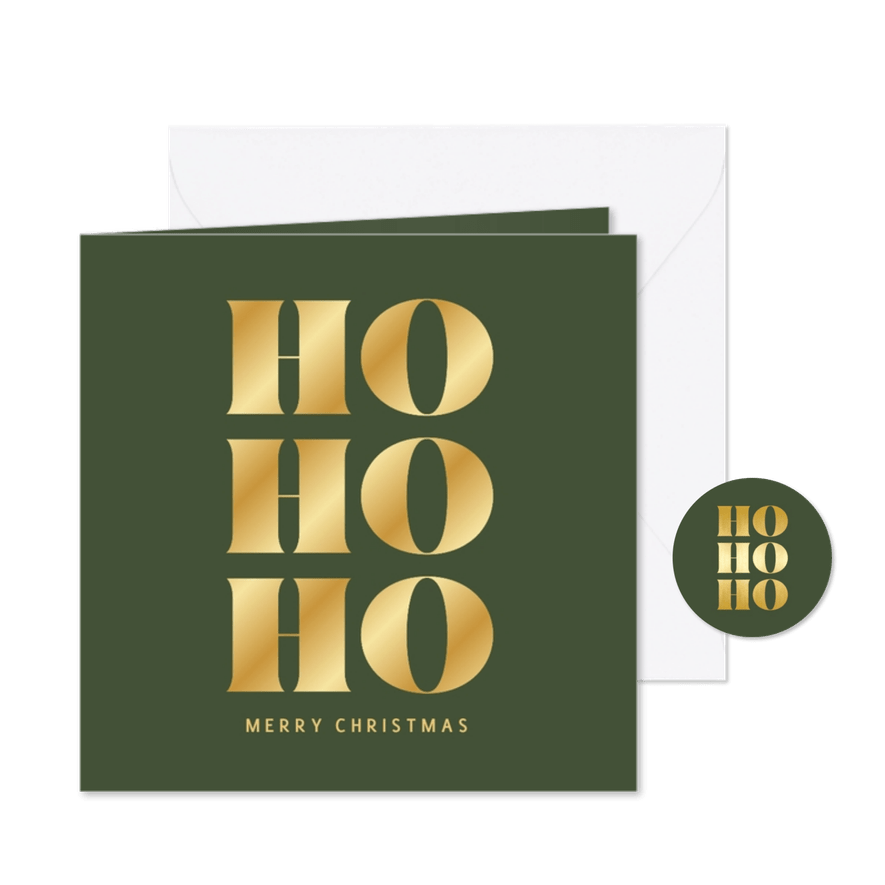 Groene kerstkaart met gouden ho ho ho - Kaartimpressie